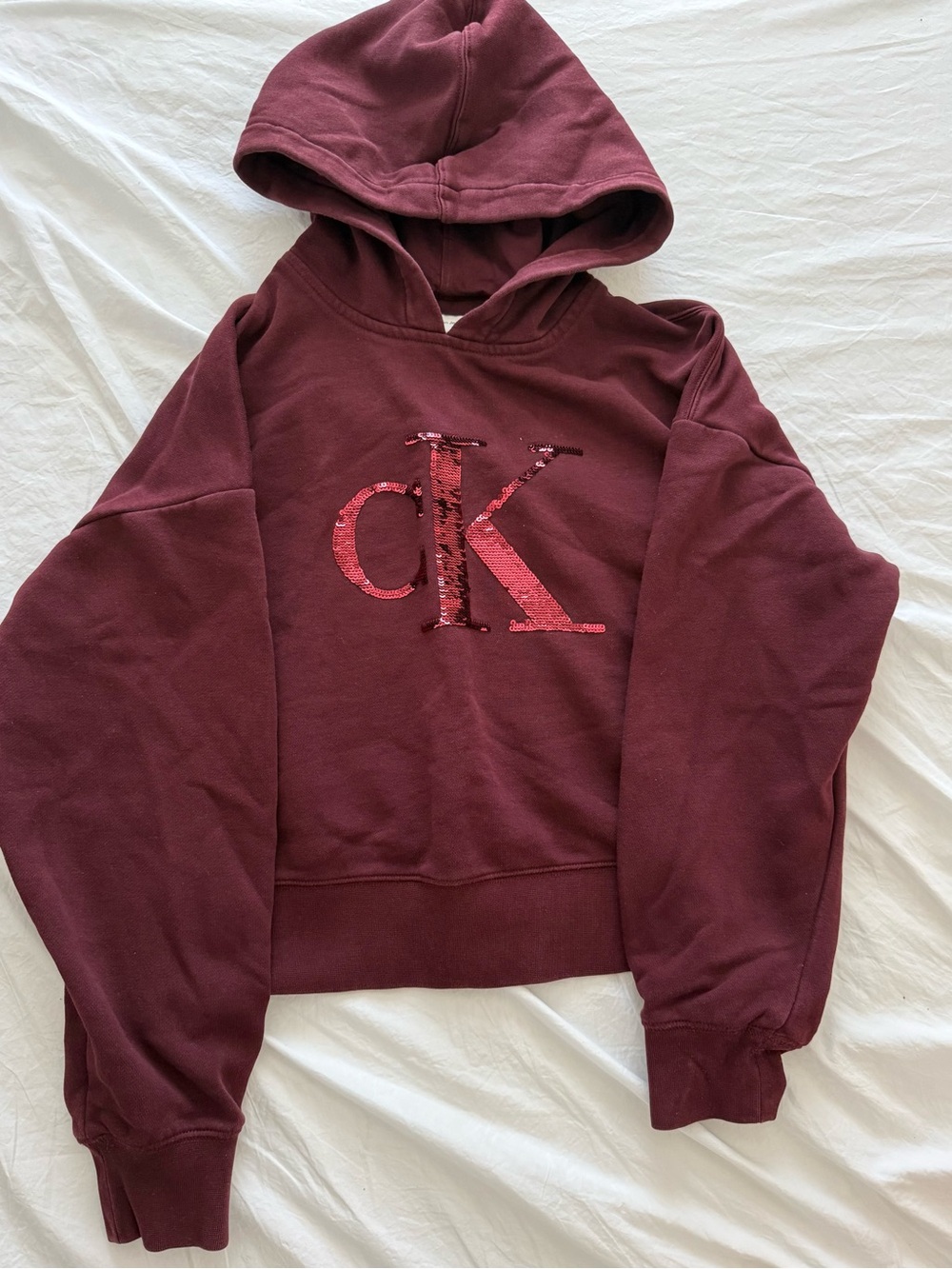 Calvin Klein Burgundy Sequin CK Logo Hoodie in XS